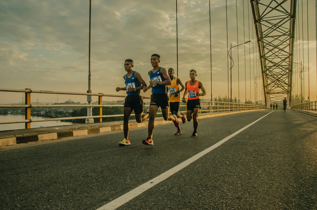 Men running on bridge.